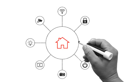 Icônes informatique autour d'une icône de maison